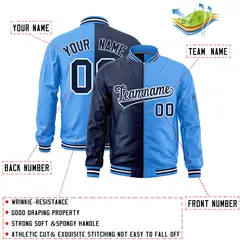 Navy Powder Blue Two Tone Split Varsity Full-Zip Letterman Bomber Jacket 2