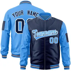Navy Powder Blue Two-Tone Varsity Full-Zip Letterman Bomber Jacket