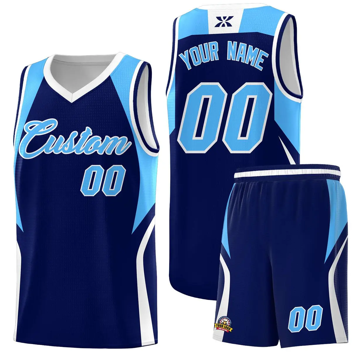 Navy Powder Blue White Color Block Basketball Jersey