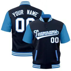 Navy Powder Blue White Full-Snap Short Sleeve Varsity Jacket 1