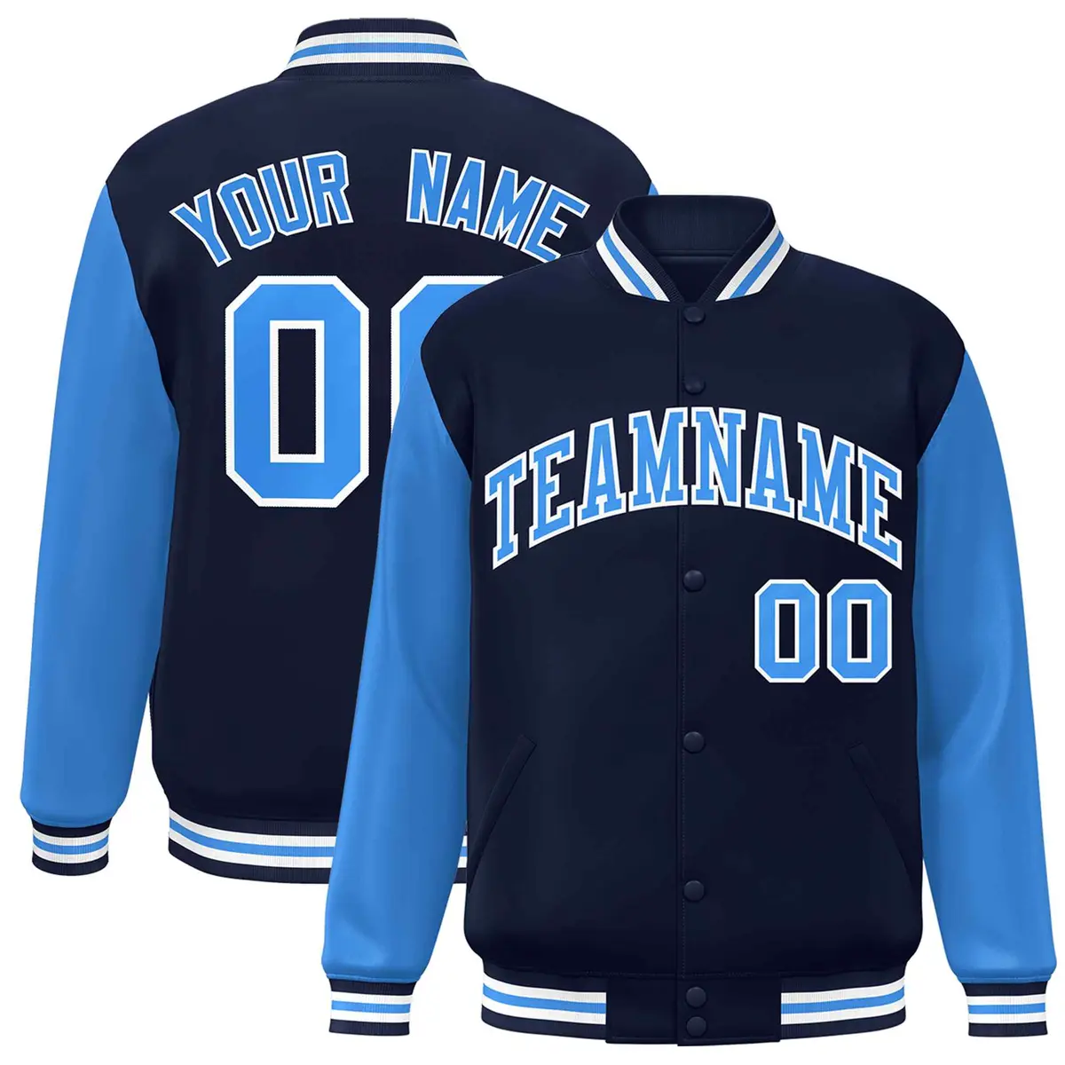 Navy Powder Blue-White Raglan Full-Snap Varsity Letterman Jacket