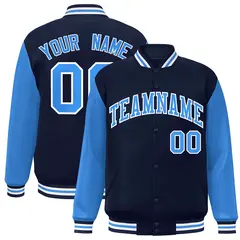Navy Powder Blue-White Raglan Full-Snap Varsity Letterman Jacket