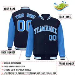 Navy Powder Blue-White Raglan Full-Snap Varsity Letterman Jacket 2