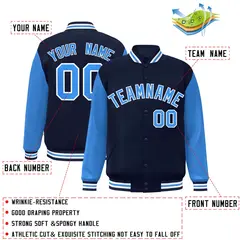 Navy Powder Blue-White Raglan Full-Snap Varsity Letterman Jacket 2