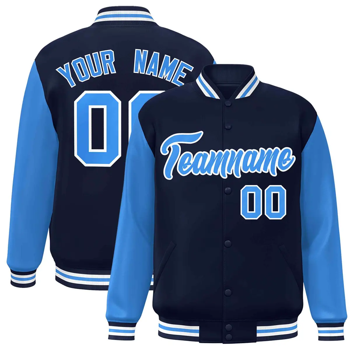 Navy Powder Blue-White Raglan Full-Snap Varsity Letterman Jacket