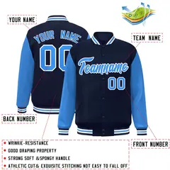 Navy Powder Blue-White Raglan Full-Snap Varsity Letterman Jacket 2