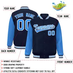 Navy Powder Blue-White Raglan Full-Snap Varsity Letterman Jacket 2