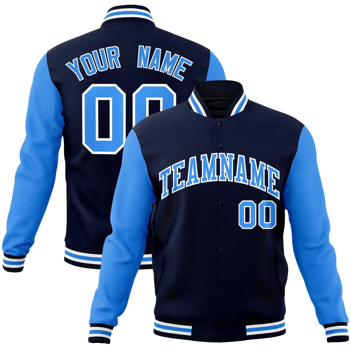 Navy Powder Blue-White Raglan Full-Snap Varsity Letterman Jacket