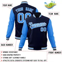 Navy Powder Blue-White Raglan Full-Snap Varsity Letterman Jacket 4