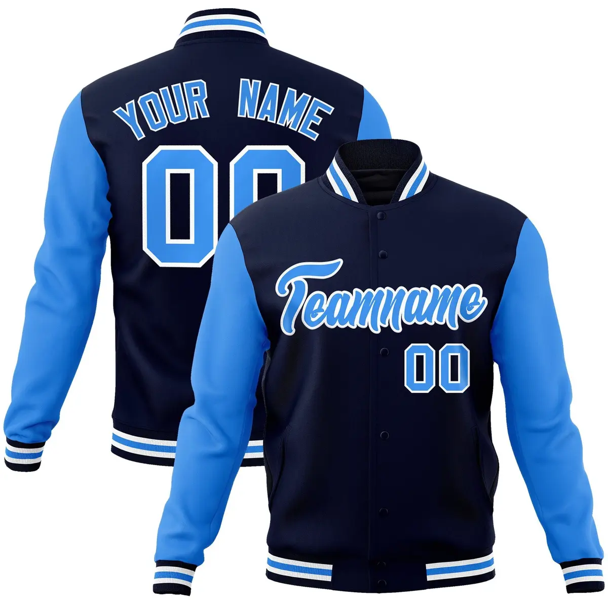 Navy Powder Blue-White Raglan Full-Snap Varsity Letterman Jacket