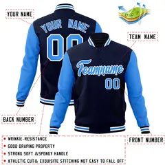 Navy Powder Blue-White Raglan Full-Snap Varsity Letterman Jacket 4