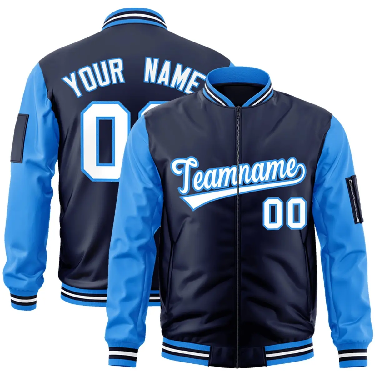 Navy Powder Blue-White Raglan Letterman Bomber Jacket