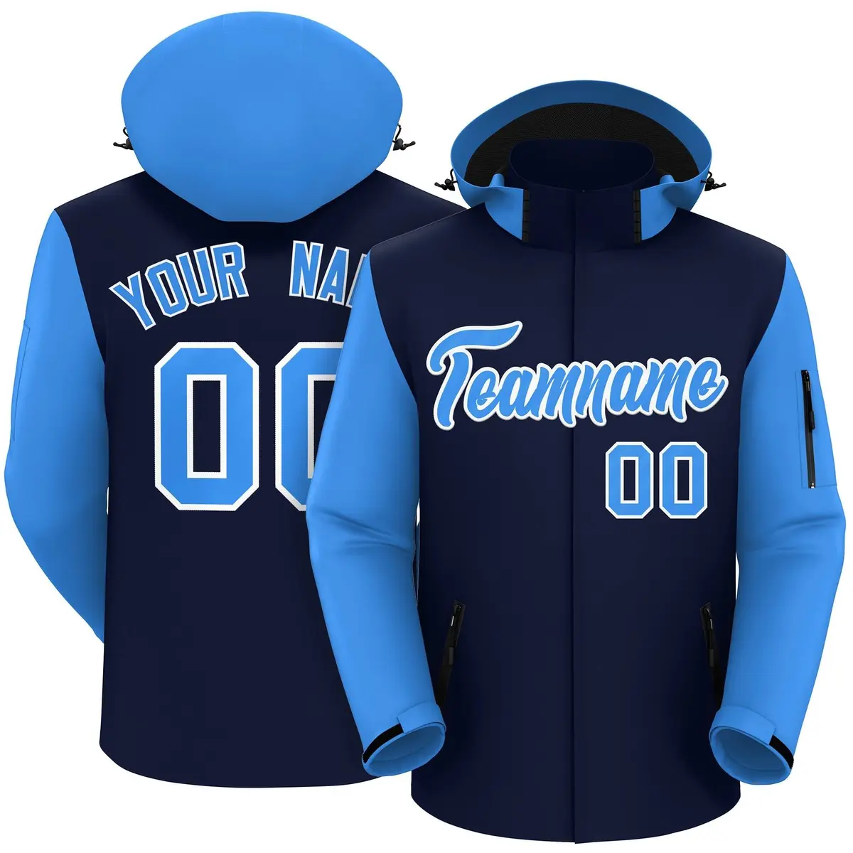 Navy Powder Blue-White Raglan Sleeves Waterproof Jacket