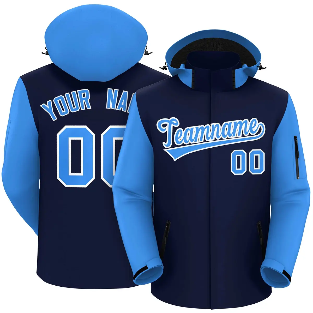 Navy Powder Blue-White Raglan Sleeves Waterproof Jacket