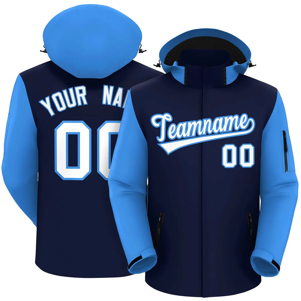 Navy Powder Blue-White Raglan Sleeves Waterproof Jacket