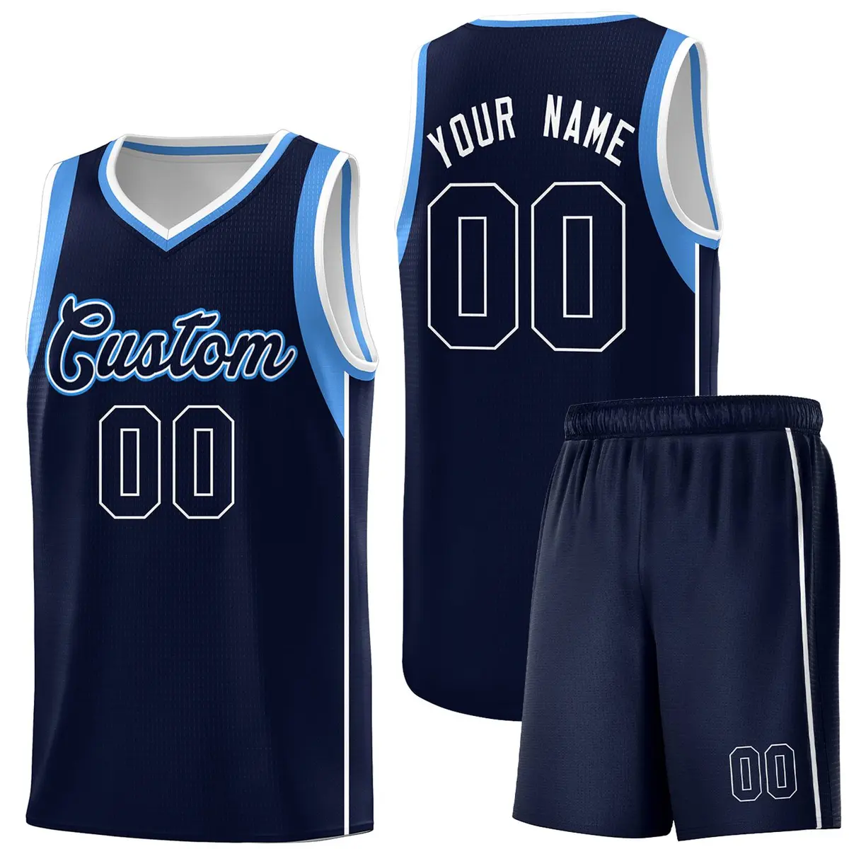 Navy Powder Blue White Sleeve Color Block Basketball Jersey