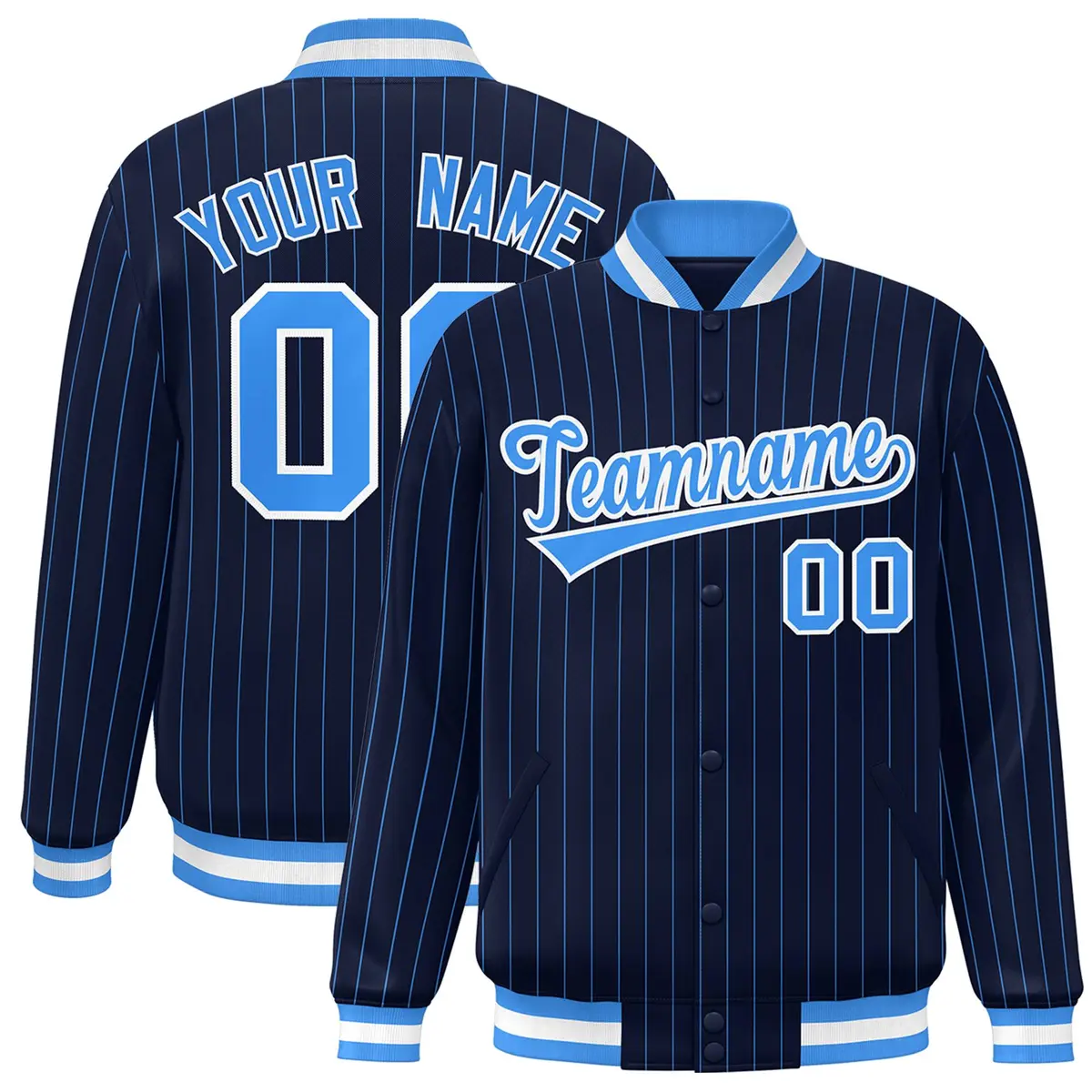 Navy Powder Blue-White Stripe Letterman Bomber Varsity Jacket