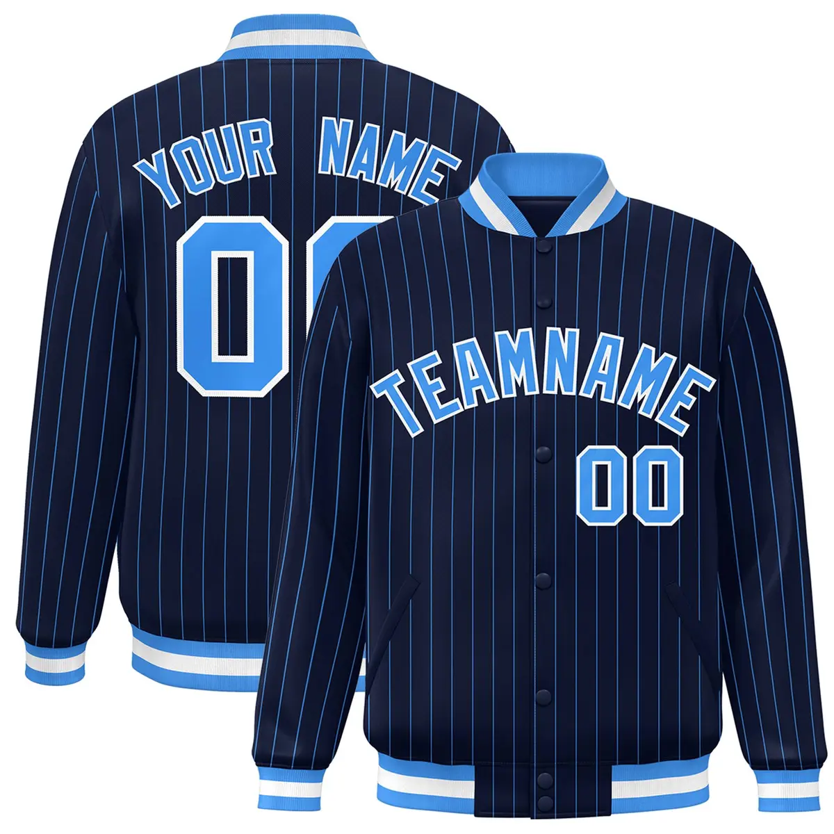Navy Powder Blue-White Stripe Letterman Bomber Varsity Jacket