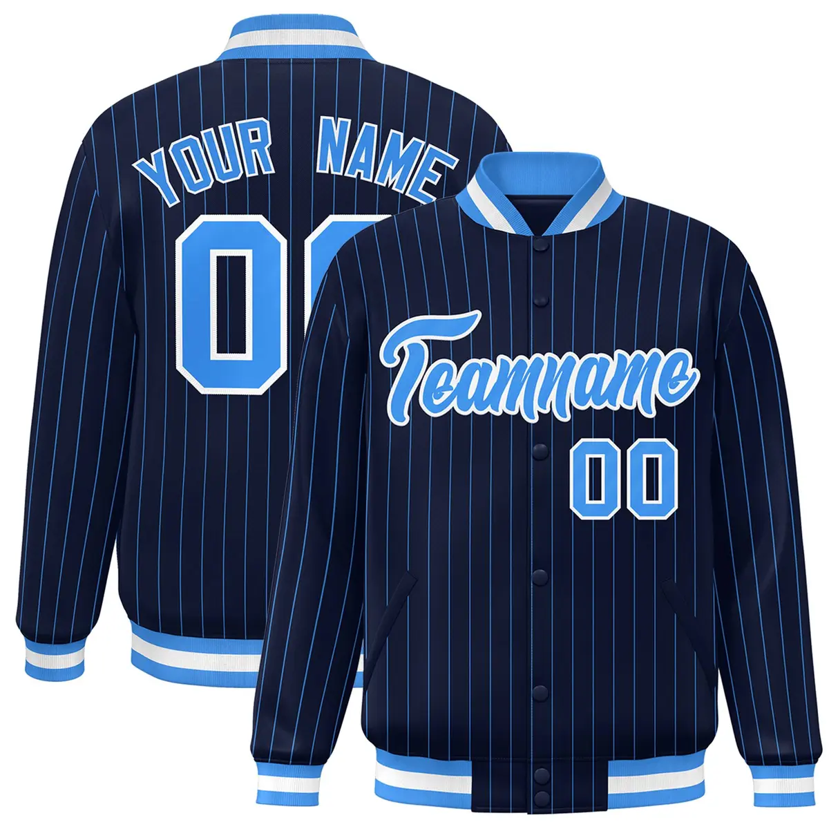 Navy Powder Blue-White Stripe Letterman Bomber Varsity Jacket
