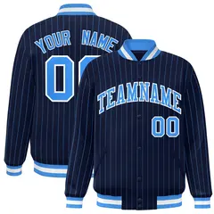 Navy Powder Blue-White Stripe Letterman Bomber Varsity Jacket