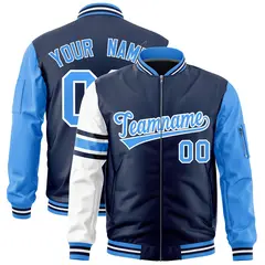 Navy Powder Blue-White Stripe Raglan Varsity Full-Zip Letterman Bomber Jacket