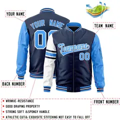 Navy Powder Blue-White Stripe Raglan Varsity Full-Zip Letterman Bomber Jacket 2