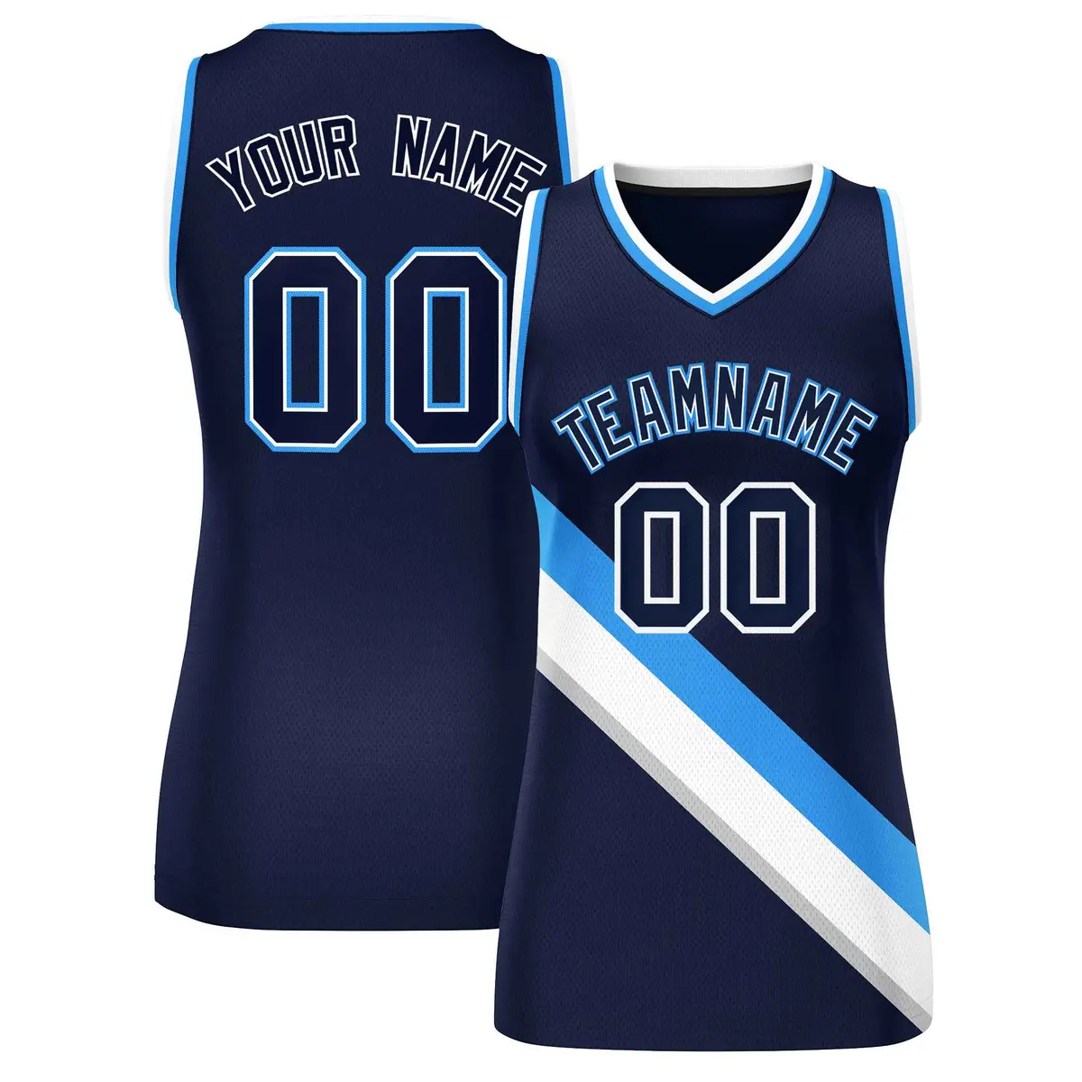 Women's Navy Powder Blue-White Thick Slash Mesh Basketball Jersey