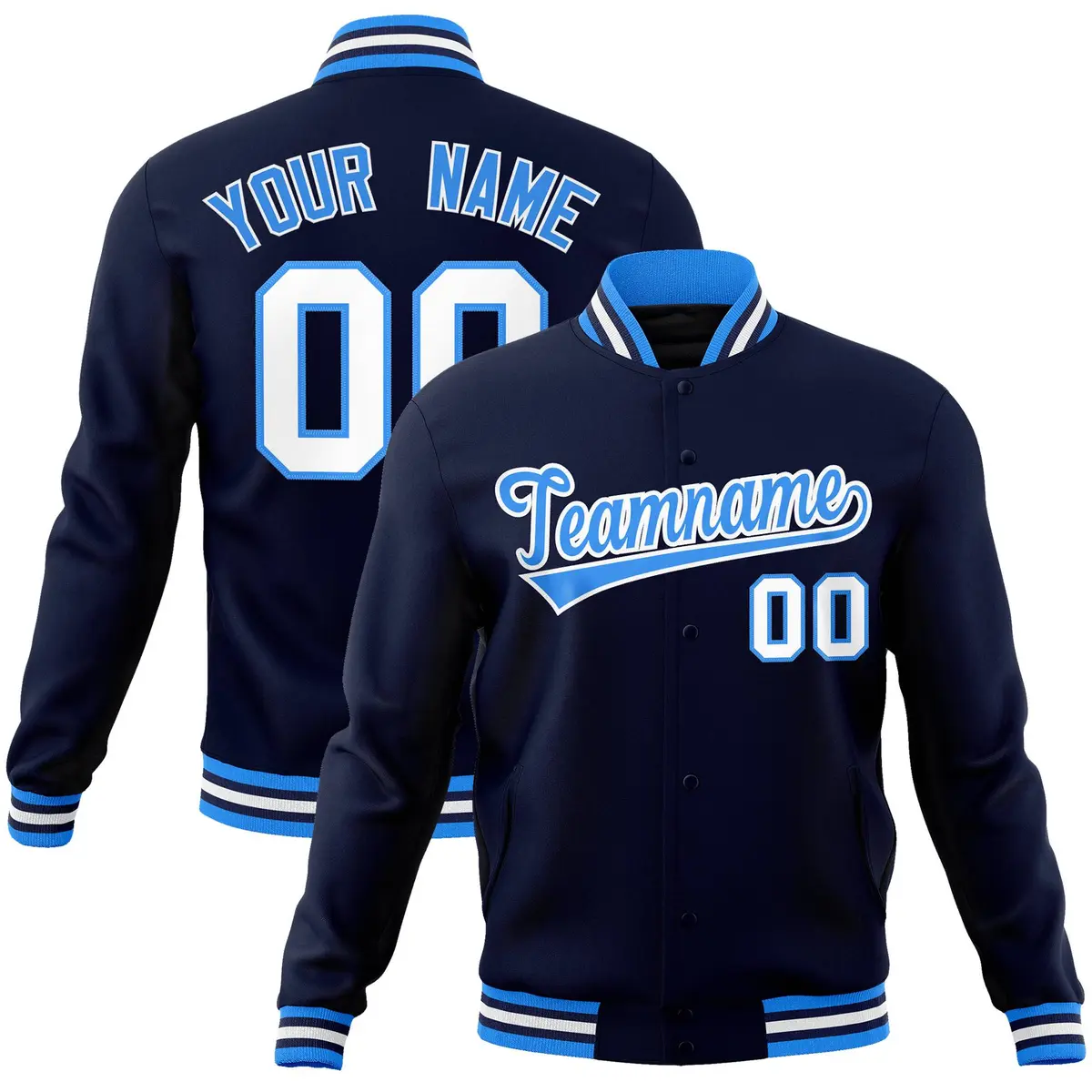 Navy Powder Blue-White Varsity Full-Snap Letterman Jacket