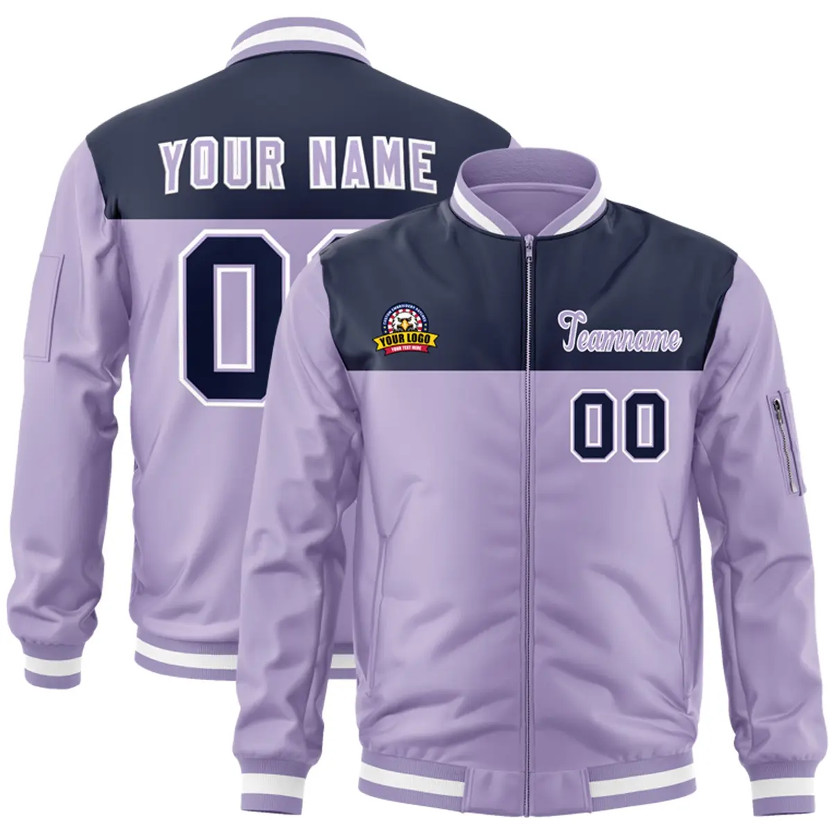 Navy Purple Color Block Letterman Varsity Full-Zip Jacket