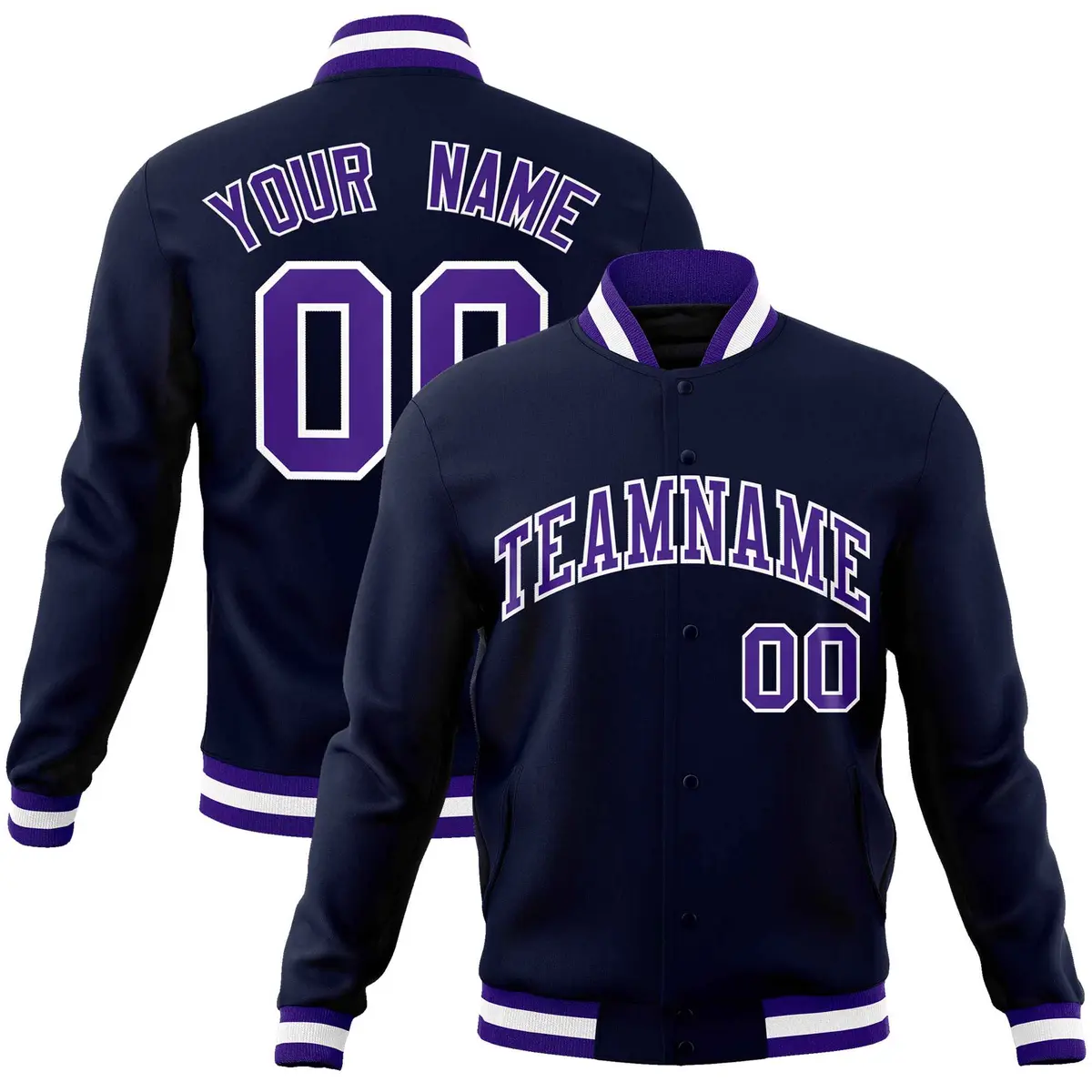 Navy Purple-White Classic Varsity Full-Snap Letterman Jacket