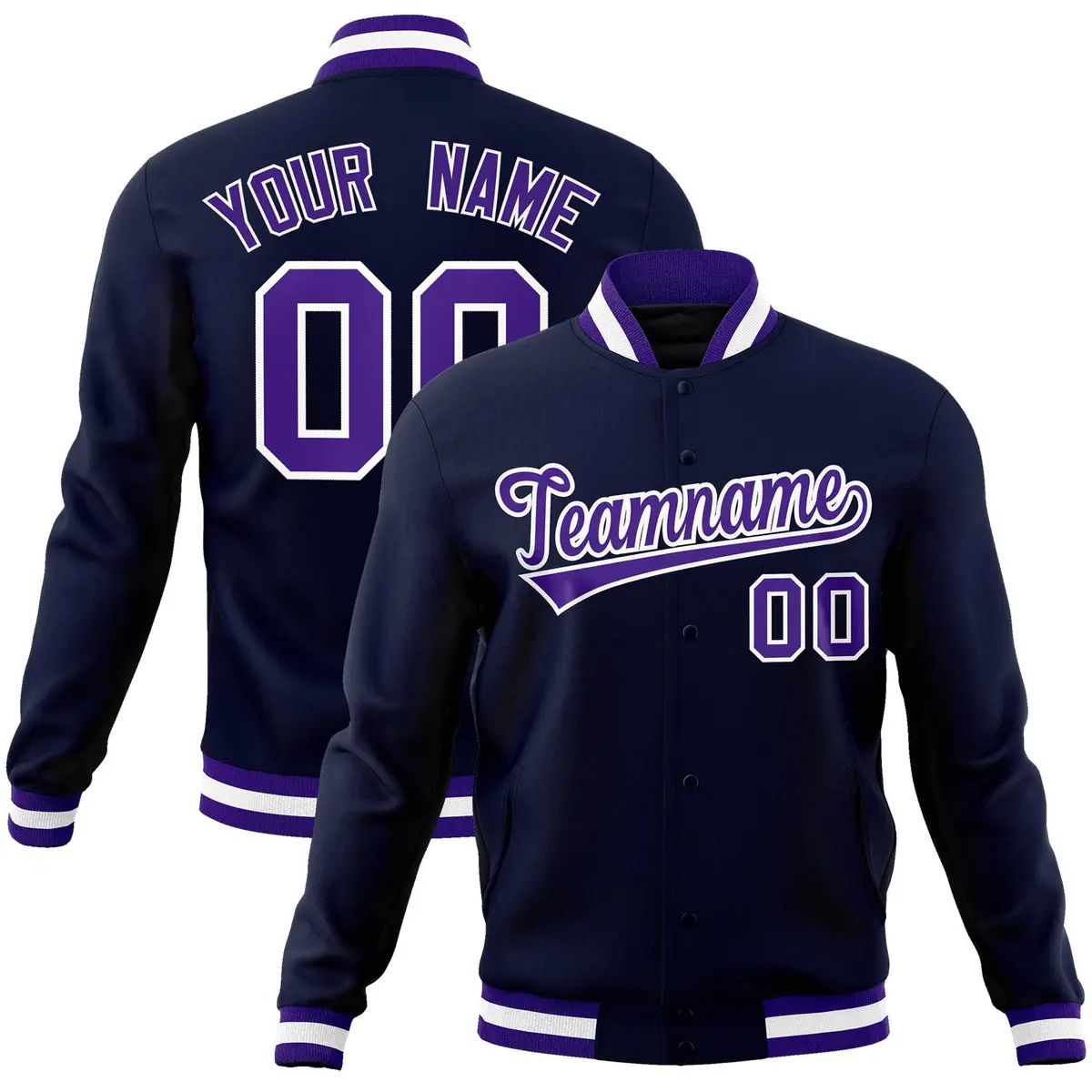Navy Purple-White Classic Varsity Full-Snap Letterman Jacket
