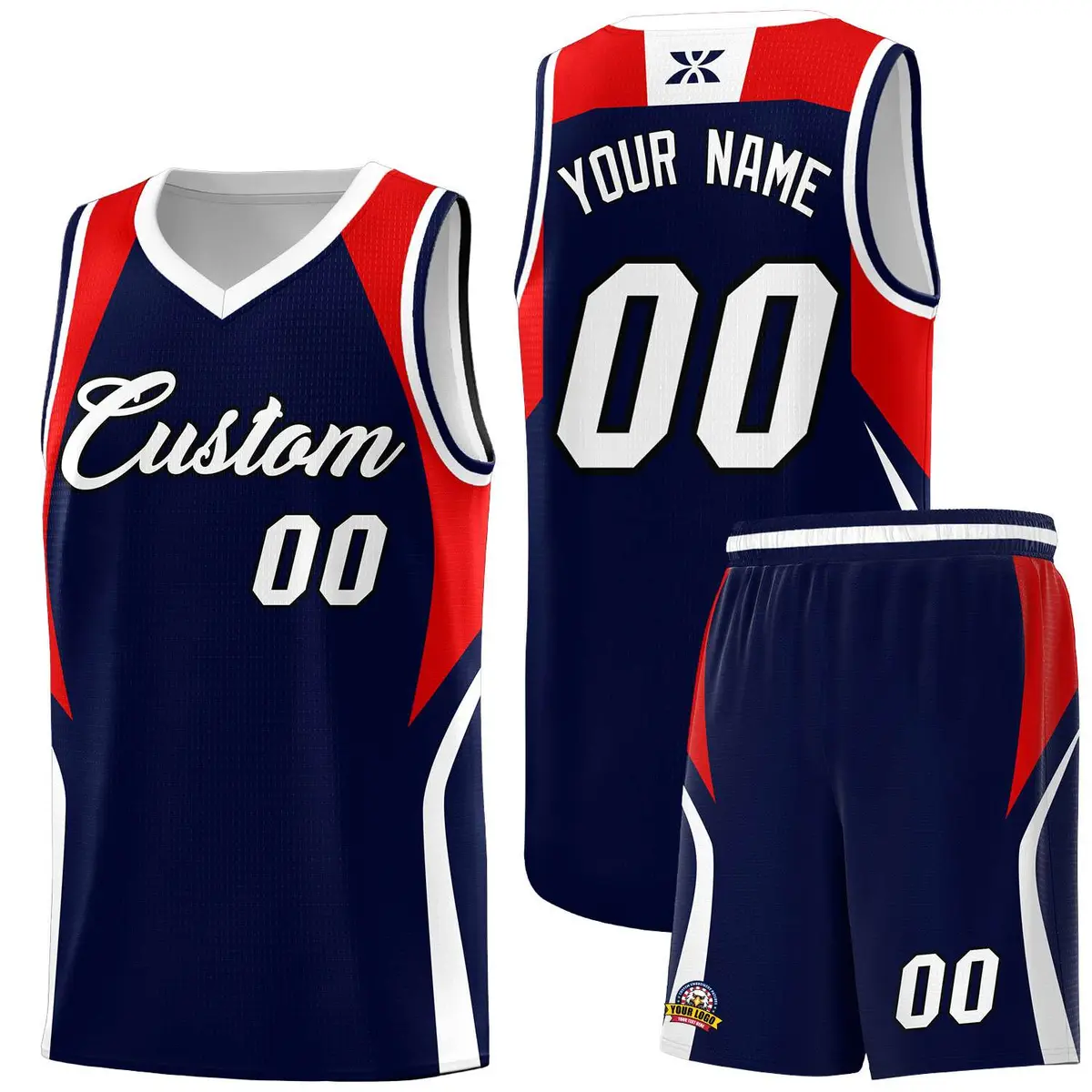 Navy Red and White Color Block Basketball Uniform Jersey