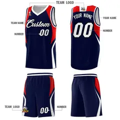 Navy Red and White Color Block Basketball Uniform Jersey 5