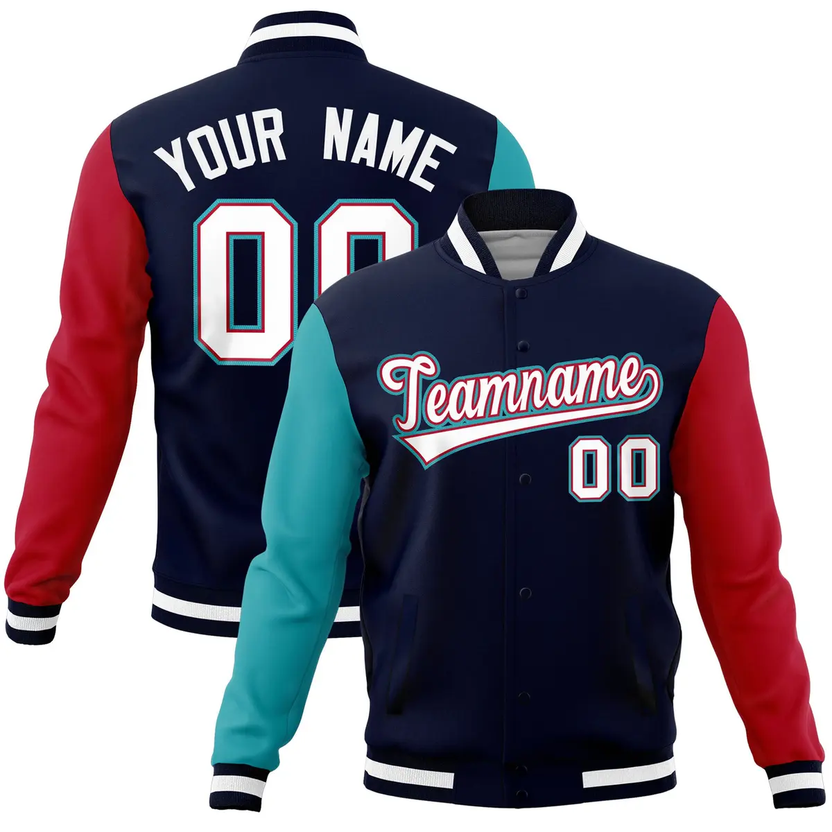 Navy Red-Aqua Full-Snap Raglan Varsity Letterman Jacket