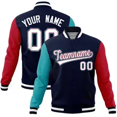 Navy Red-Aqua Full-Snap Raglan Varsity Letterman Jacket