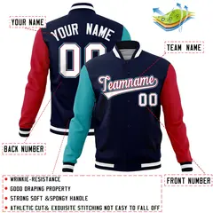 Navy Red-Aqua Full-Snap Raglan Varsity Letterman Jacket 4