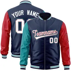 Navy Red-Aqua Varsity Full-Zip Raglan Letterman Bomber Jacket 1