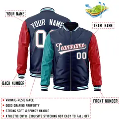 Navy Red-Aqua Varsity Full-Zip Raglan Letterman Bomber Jacket 2