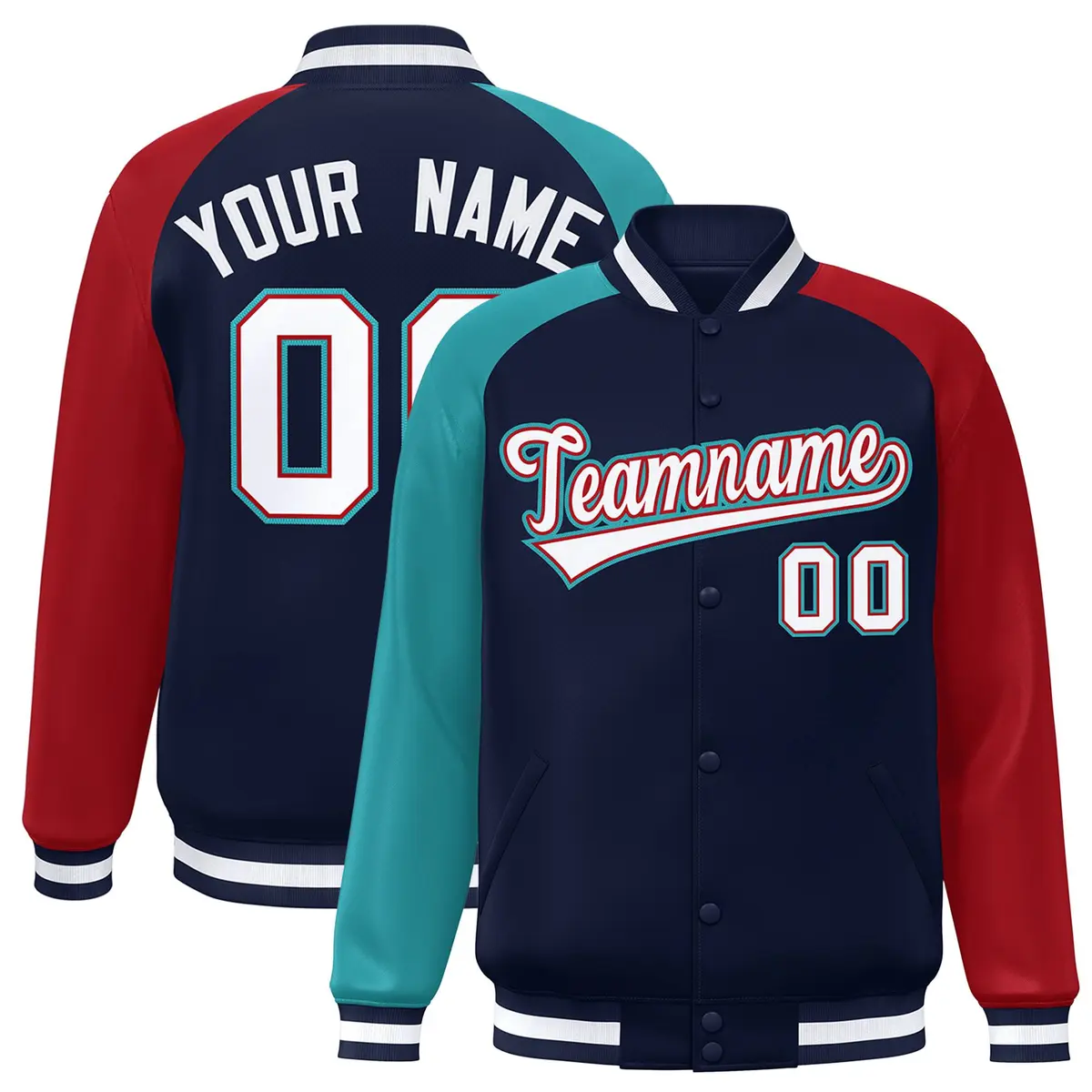 Navy Red-Aqua Varsity Raglan Letterman Bomber Jacket