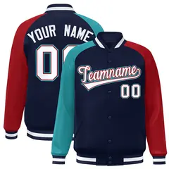Navy Red-Aqua Varsity Raglan Letterman Bomber Jacket 1
