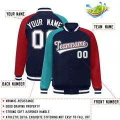 Navy Red-Aqua Varsity Raglan Letterman Bomber Jacket 2
