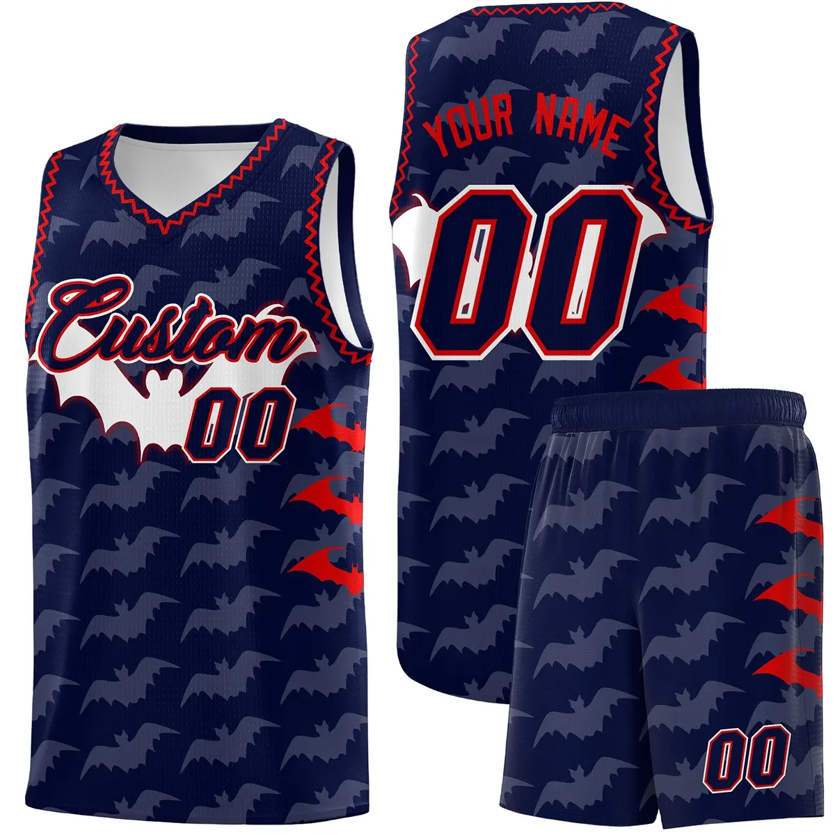 Navy Red Bat Pattern Halloween Basketball Jersey