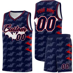 Navy Red Bat Pattern Halloween Basketball Jersey