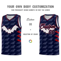 Navy Red Bat Pattern Halloween Basketball Jersey 3