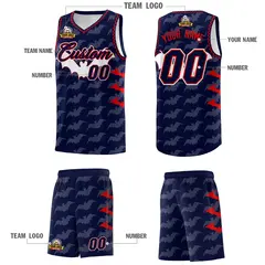 Navy Red Bat Pattern Halloween Basketball Jersey 5