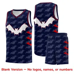 Navy Red Bat Pattern Halloween Basketball Jersey 7