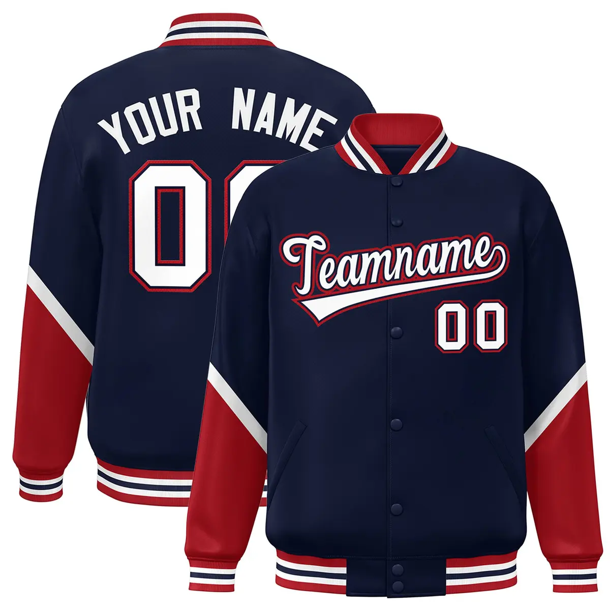 Navy Red Color Block Varsity Letterman Baseball Jacket