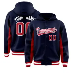 Navy Red Color Block Varsity Letterman Hoodie Jacket 1
