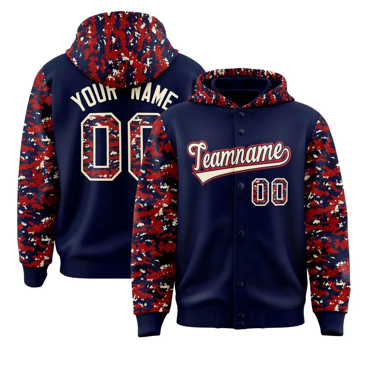 Navy Red-Cream Raglan Camo Full-Snap Varsity Letterman Jacket Hoodie