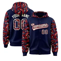 Navy Red-Cream Raglan Camo Full-Snap Varsity Letterman Jacket Hoodie